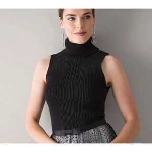 White House Black Market Black Sleeveless Rhinestone Turtleneck Sweater Top M